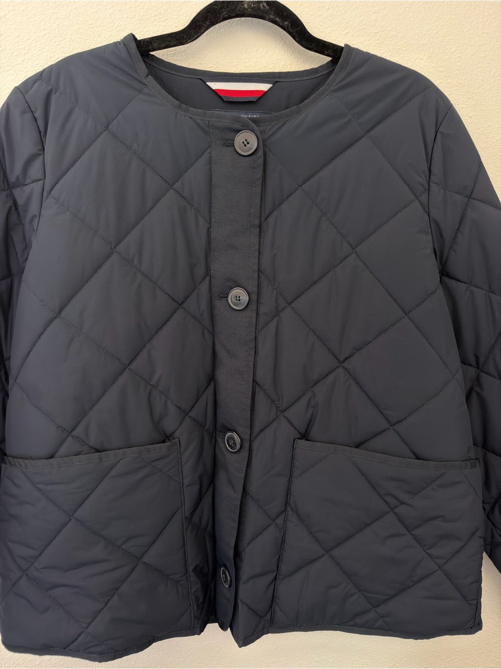 Tommy Hilfiger Navy Diamond Quilted Collarless Jacket Women’s L - Picture 9 of 9
